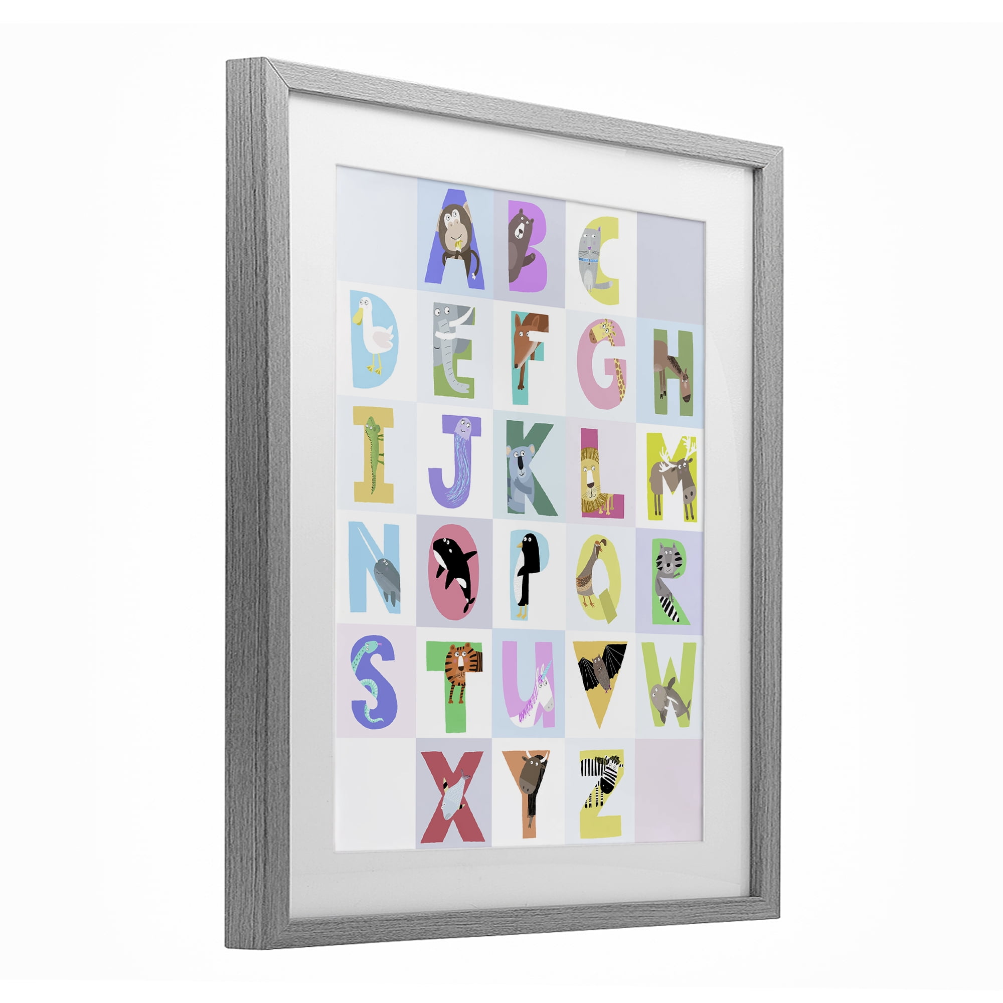 Stupell Industries Animal Alphabet in Light Grey Gray Framed Print Under Glass, design by Carla Daly