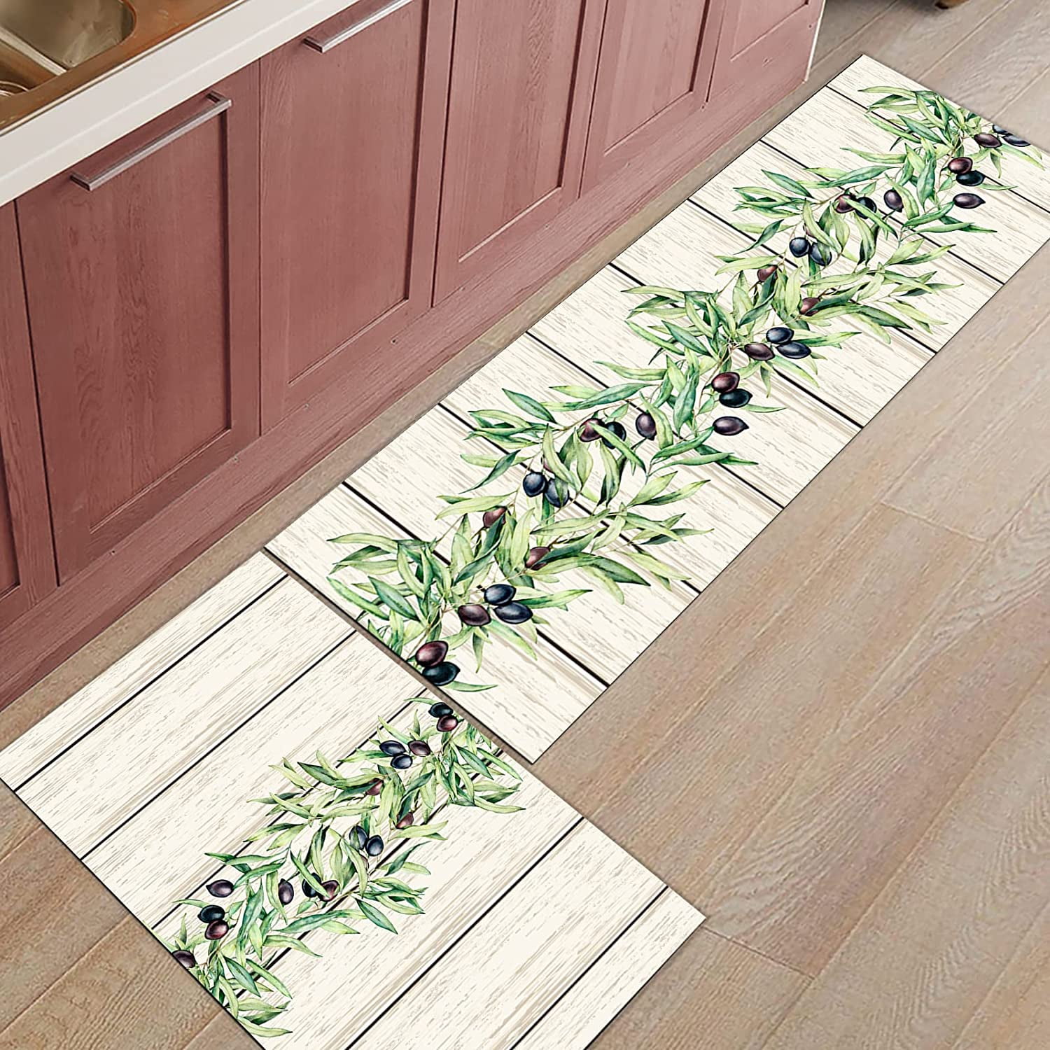 Wood Grain Kitchen Rug Set 2 Piece, Non Slip Kitchen Rugs and Mats