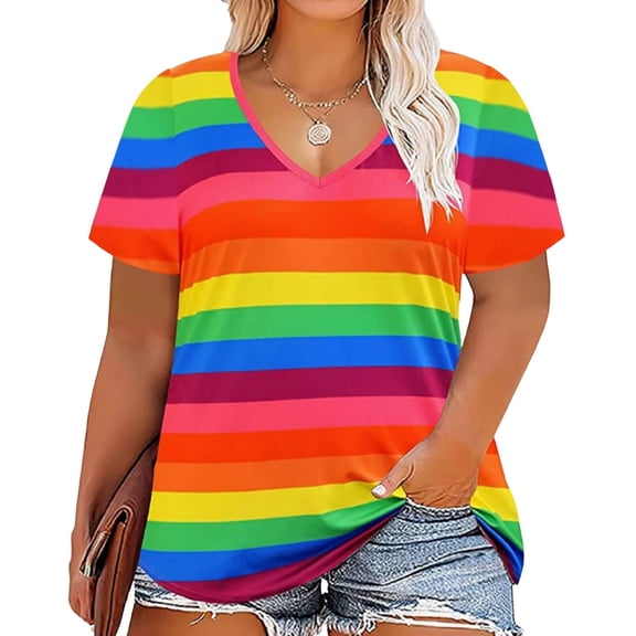 Women's Rainbow Plus Size Short Sleeve T-Shirt V Neck Loose Fit Top, XL