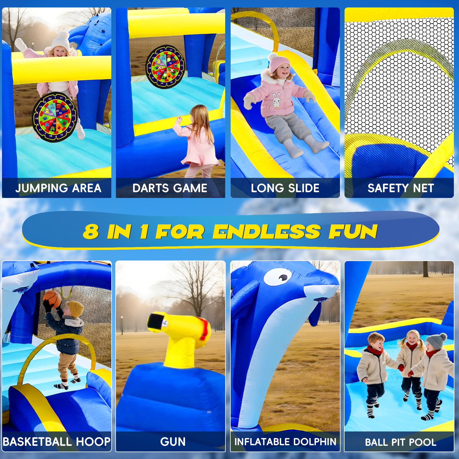 8 in 1 Inflatable Water Park Slide Bounce House with Dolphin Sprinkler, Water Gun, Basketball & Target Games, Outdoor Garden Trampoline Bouncing Castle for Kids