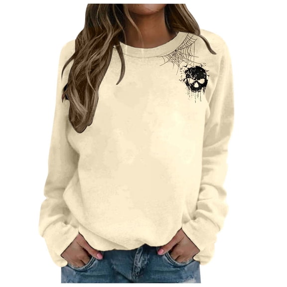 Tisuna Halloween Sweatshirt For Women Relaxed Fit Skull Print Crewneck Sweatshirt Ladies Long Sleeve Festival Theme Party Fall Tops Clothes Size L
