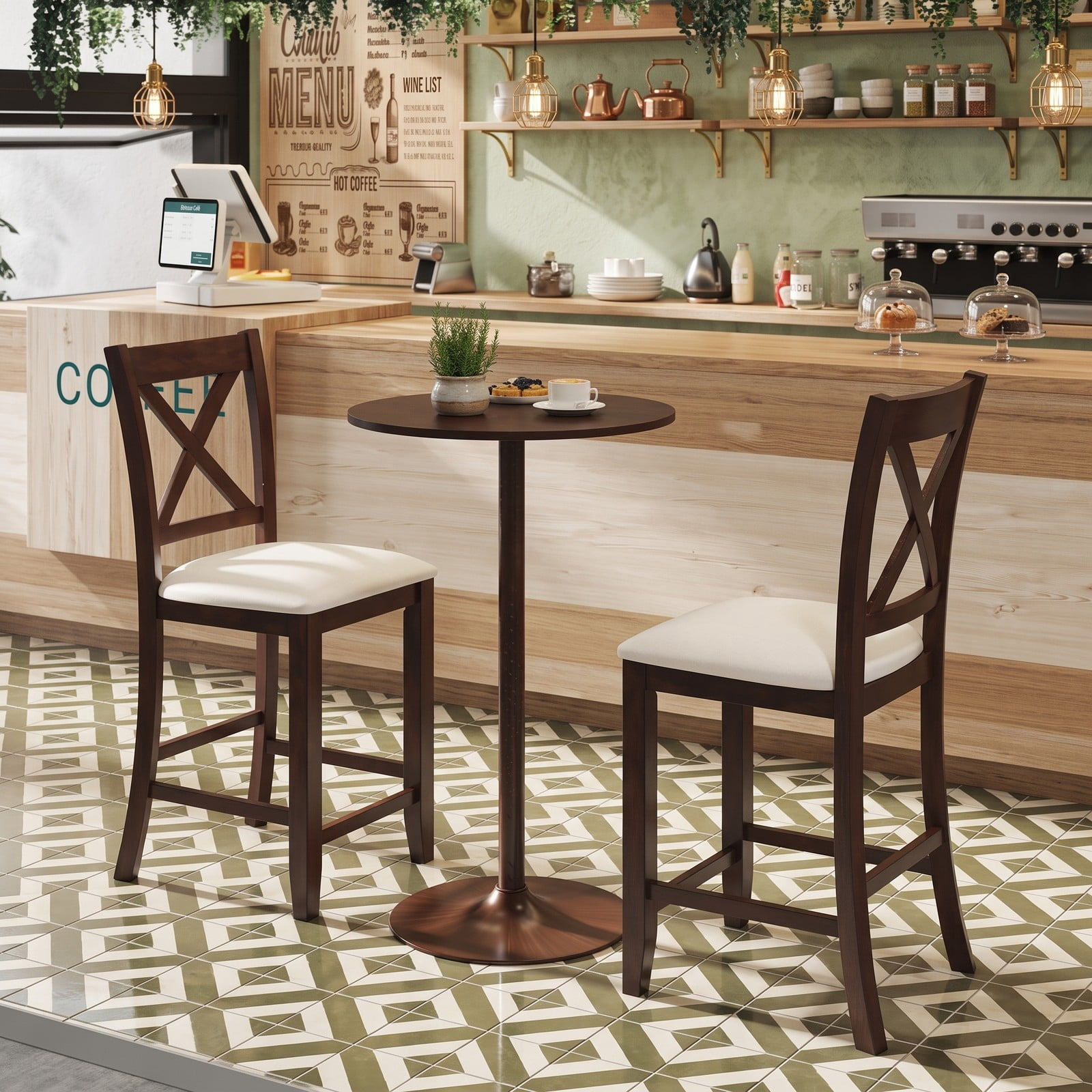 Furnibear Modern Farmhouse Counter Height Bar Stools Set of 2 with Footrest, Curved Slatted Back and Linen Cushioned Seat, 24 Inch Rubber Wood, Walnut and White