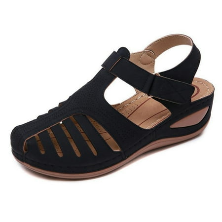 DTBPRQ Closed Toe Sandals for Women Casual Summer Hollow Out Vintage Wedge Sandal Gladiator Outdoor Shoes Walking Sandals