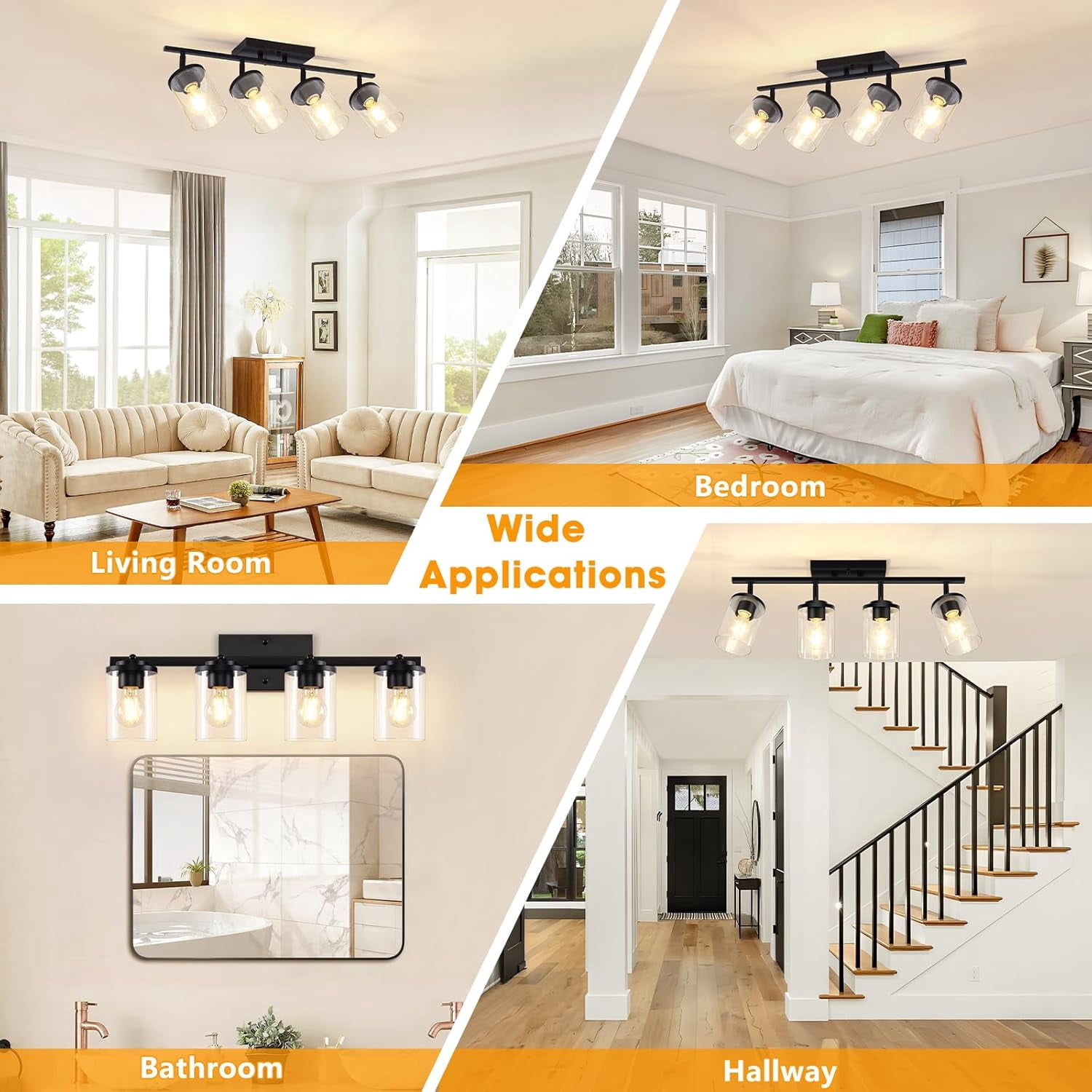 4-Lights Track Lighting Fixtures Ceiling with Clear Glass Shades, Modern Black Semi Flush Mount Ceiling Light, Rotatable Wall Mount Ceiling Lamp for Kitchen Hallway Bedroom