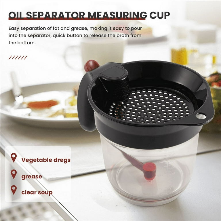 1000ml Oil Separator Measuring Cup and Strainer with Bottom Release for Sauces Other Liquids Grease, Black