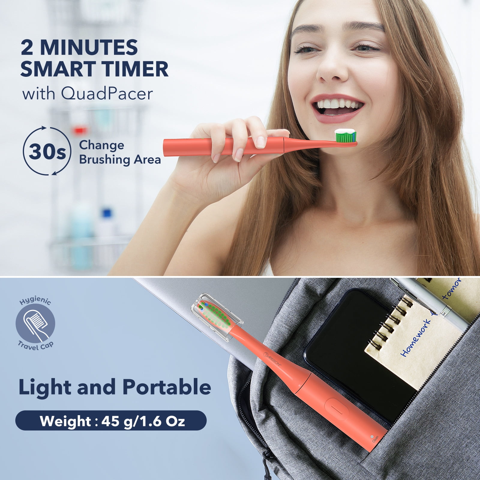 ARISSON Sonic Electric Toothbrush for Adults and Kids, 1.5H Fast Charge for 90 Days, 40,000 VPM Ultrasonic Electric Toothbrushes with 2 Mins Smart Timer, 1.6 Oz Travel Toothbrush, Azure Blue