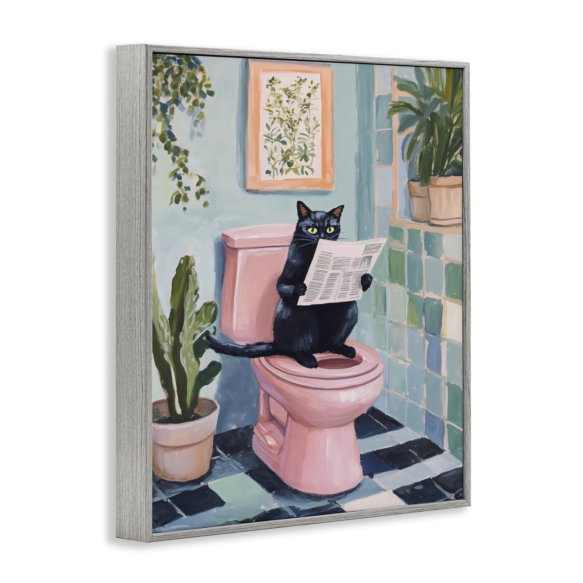 Stupell Industries Cat Reading on Pink Toilet Gray Framed Giclee Art, design by The Prints Vibe