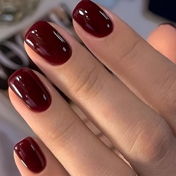 RAGUPEL Press on Nails,Dark Red Short Square Fake Nails,Reusable Nail Kit with Nail Glue Adhesive Tabs Mini Nail File,Nails Press Ons 32Pcs 16 Sizes,Women Girl Gift