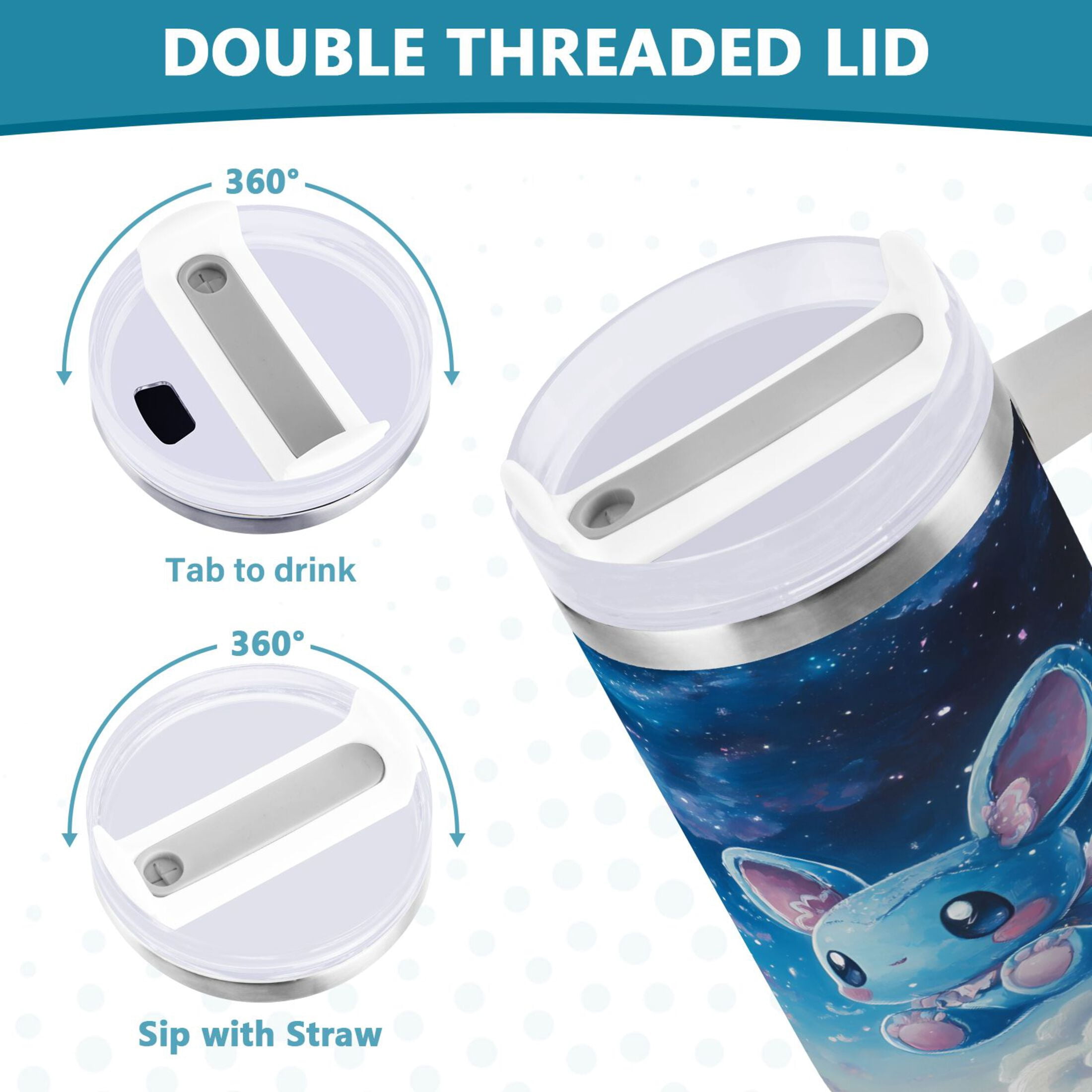 40 oz Tumbler with Handle and Straw Lid Cute Blue Mouse in Sky Insulated Vacuum Water Bottle Stainless Steel Travel Cup