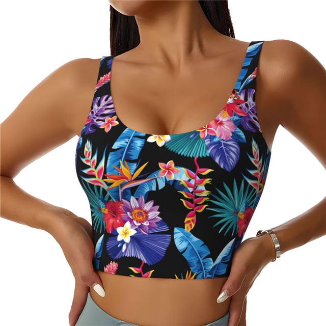 Fotbe Tropical Palm Leaves Sujetador Deportivo Largo sin Aros para Mujer con Almohadillas y Soporte Medio, Transpirable y Absorbente, Camiseta Tipo Chaleco o Tank Top-XX-Large