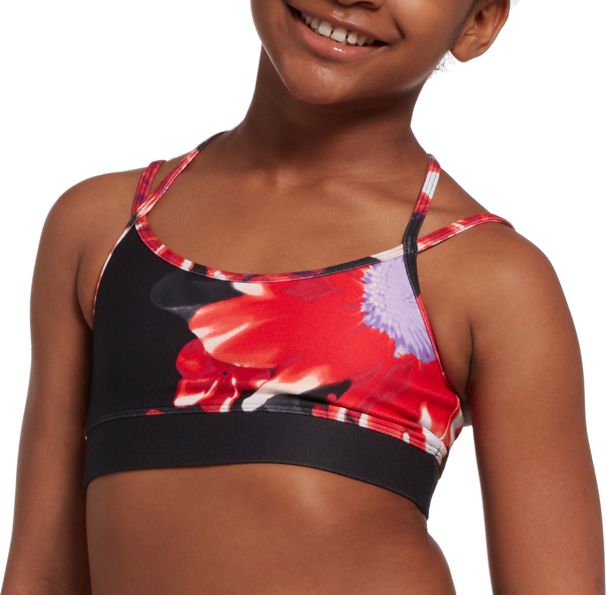 red strappy sports bra