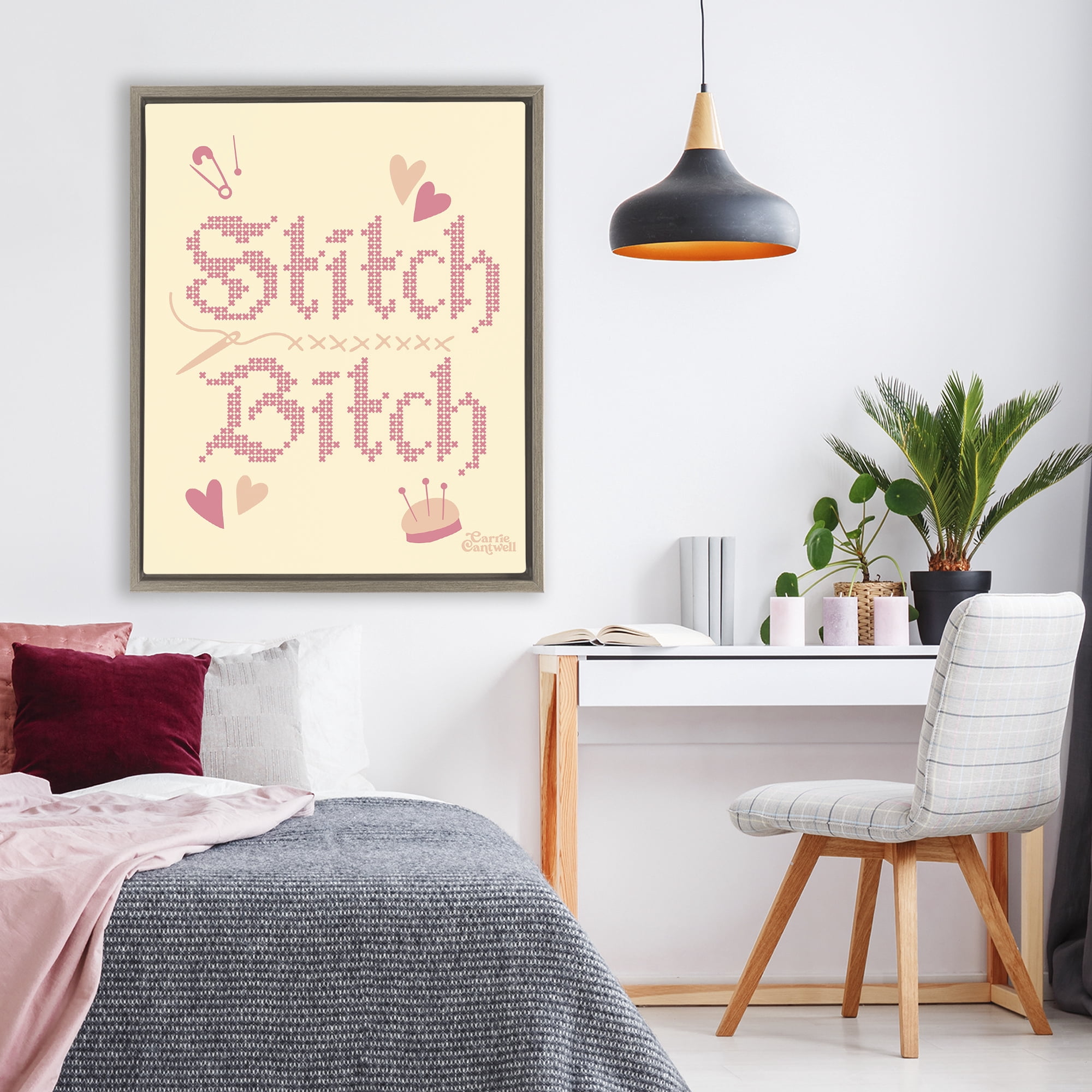 Stitch B*tch Embroidery Craft Brown Framed Floater Canvas Wall Art, design by Carrie Cantwell