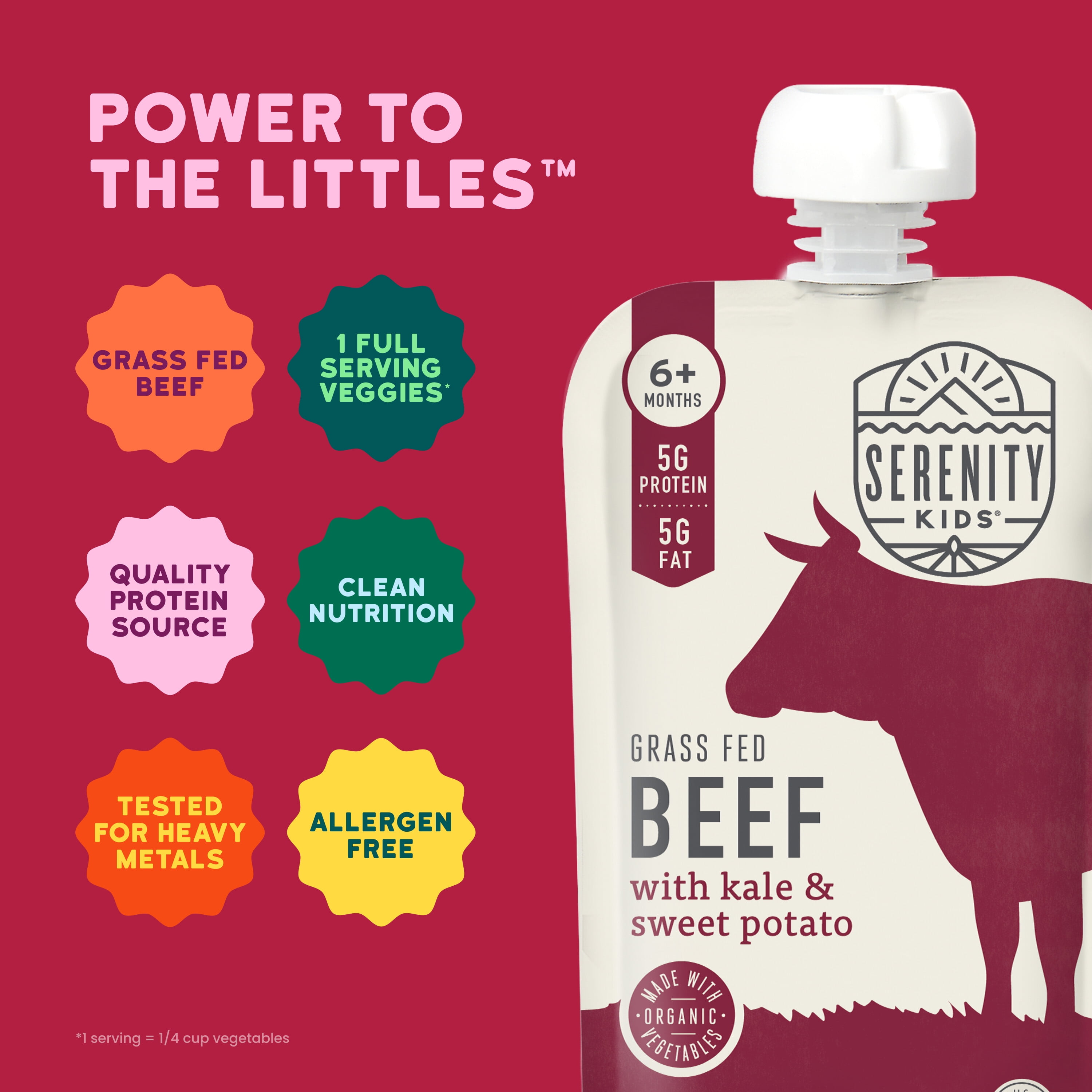 (12 pack) Serenity Kids Organic Grass Fed Beef, Kale & Sweet Potato Stage 2 Baby Food, 3.5 oz