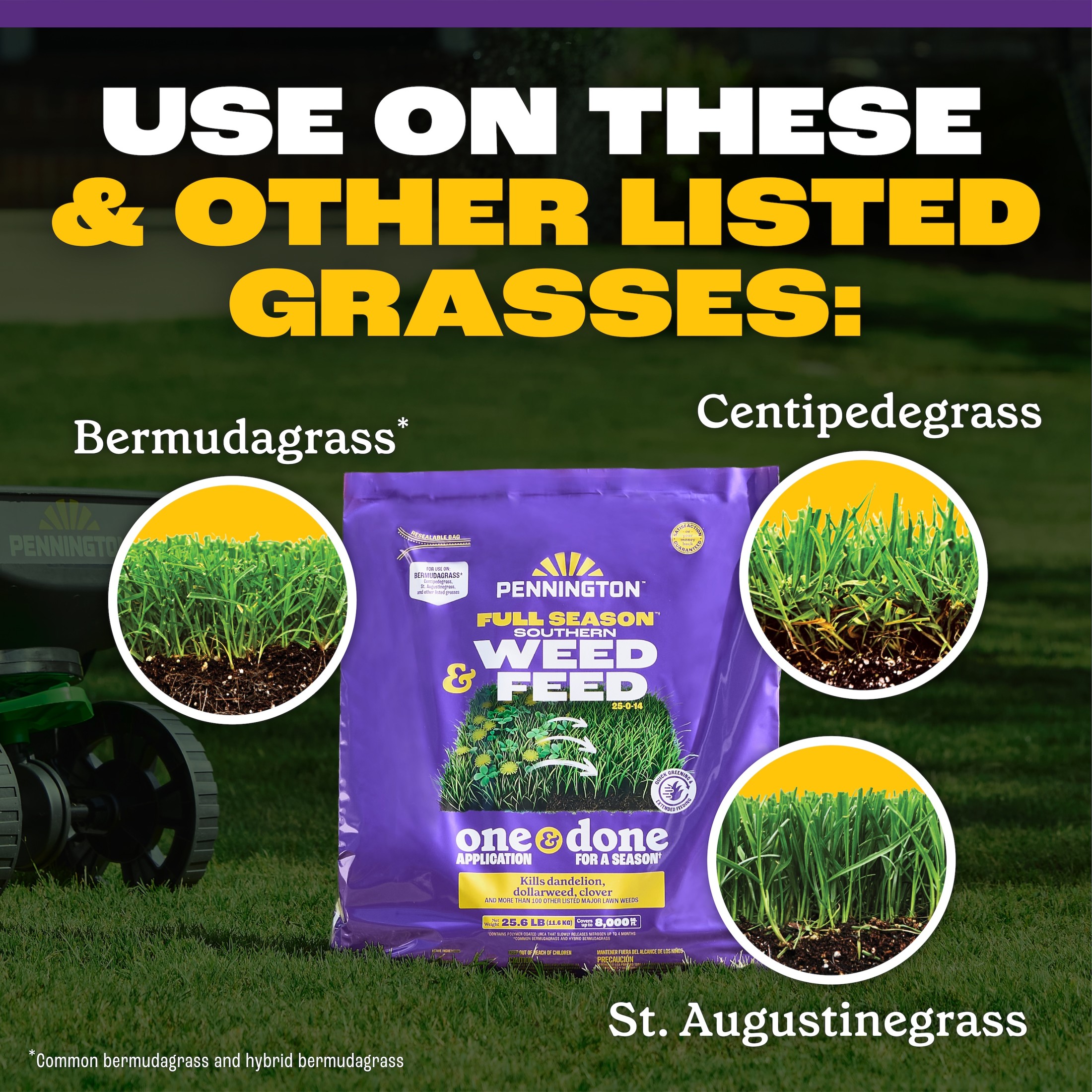 Pennington Full Season Southern Weed and Feed Lawn Fertilizer with Crabgrass Control, 25-0-14, 25.6 lb., 8M Coverage