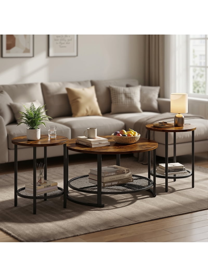 Recaceik 3-Piece Rustic Brown Wood Coffee Table Set with Metal