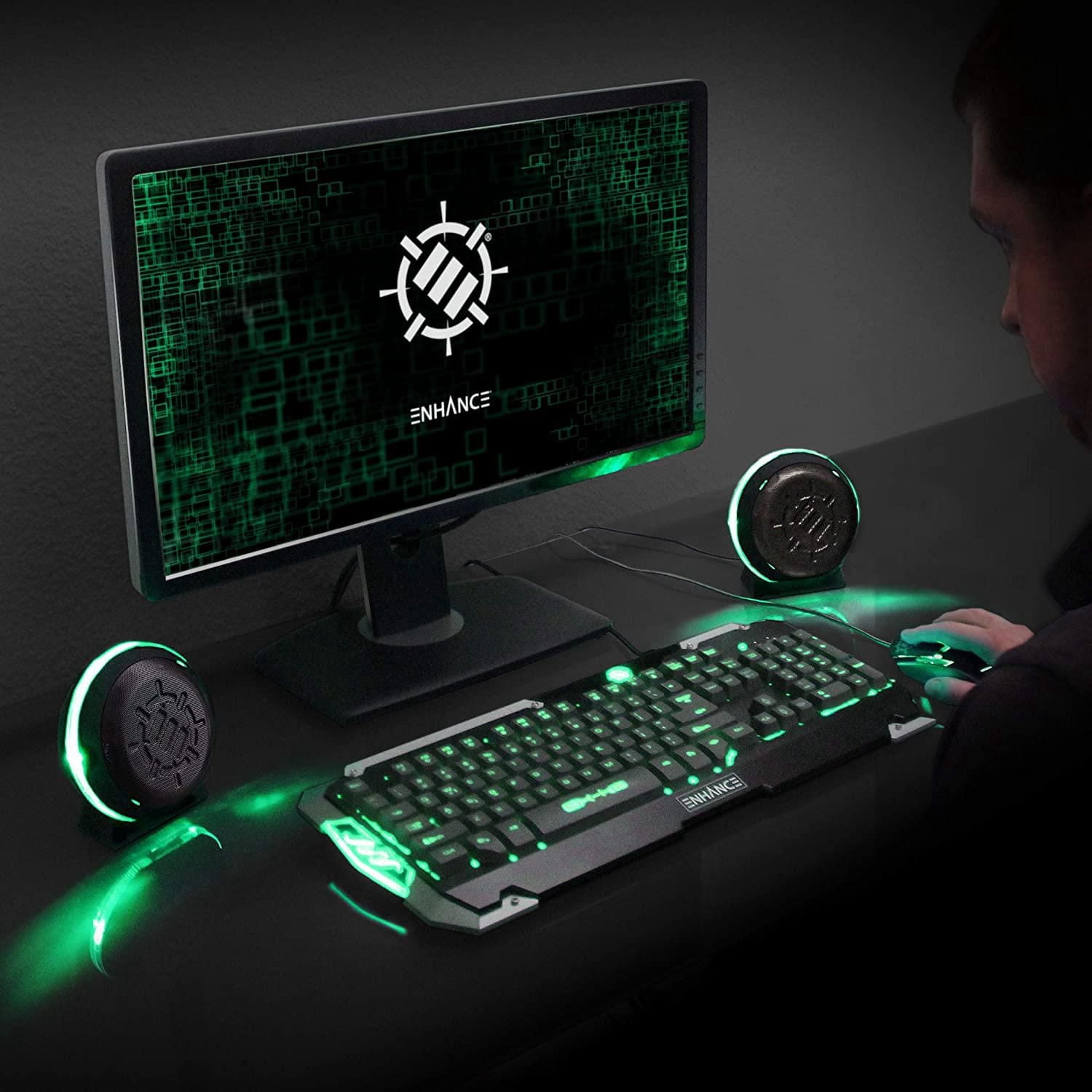 Enhance SL2 USB Gaming Computer Speakers for Monitor with LED Green Light, 3.5mm Wired Connection and in-Line Volume Control - 2.0 Stereo Sound System for Gaming Laptop, Desktop, PC Computers