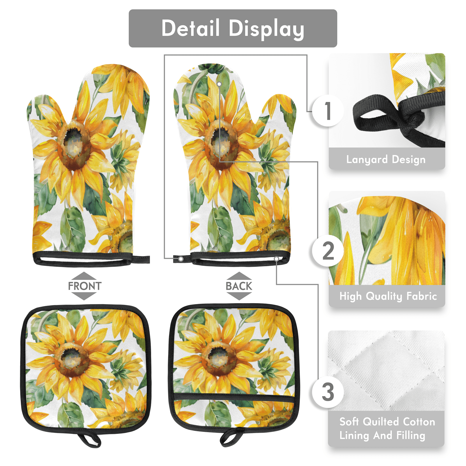 CURLYOOT Sunflower Oven Mitts and Pot Holders Sets of 2, Non-Slip Washable Watercolor Flowers Hot Pads and Oven Gloves for Kitchen Cooking Baking