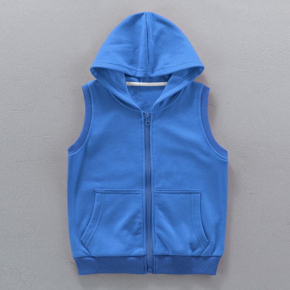 FAIOROI Little Boys 5T Blue Cotton Hooded Vest - Sleeveless with Zipper & Pockets for Play & School