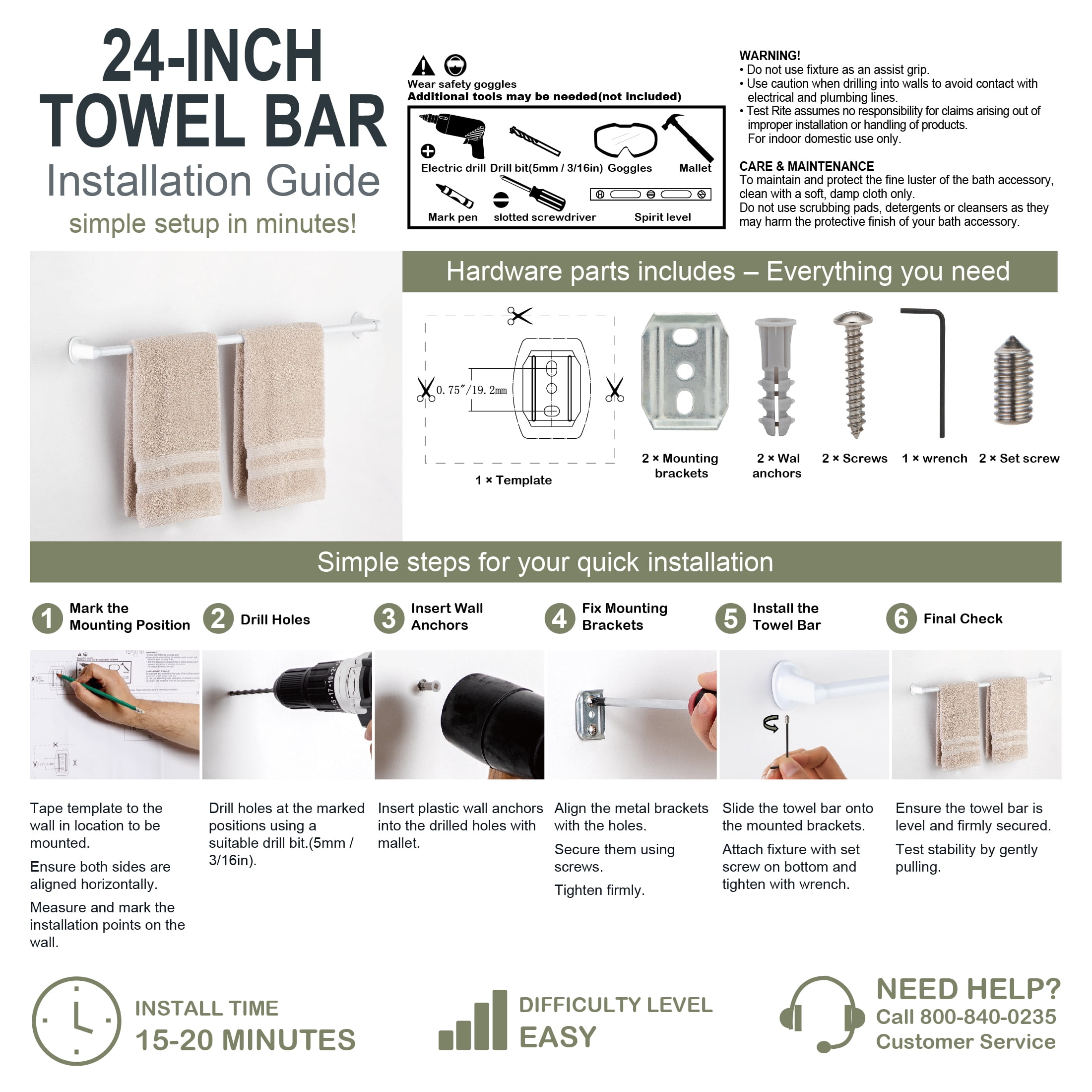 Mainstays 24-inch Oval Wall Mount Towel Bar White Finish with Hardware