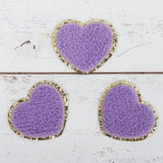 3 Pack Chenille Iron On Glitter Varsity Letter Heart Patches - Lavender Chenille Fabric With Gold Glitter Trim - Sew or Iron on - 5.5 cm Tall