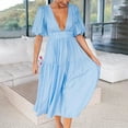 thumbnail image 2 of Women's Deep V Neck Puff Short Sleeve Tiered Dress Elastic High Waist Flowy A Line Midi Dresses Light Blue,S, 2 of 7
