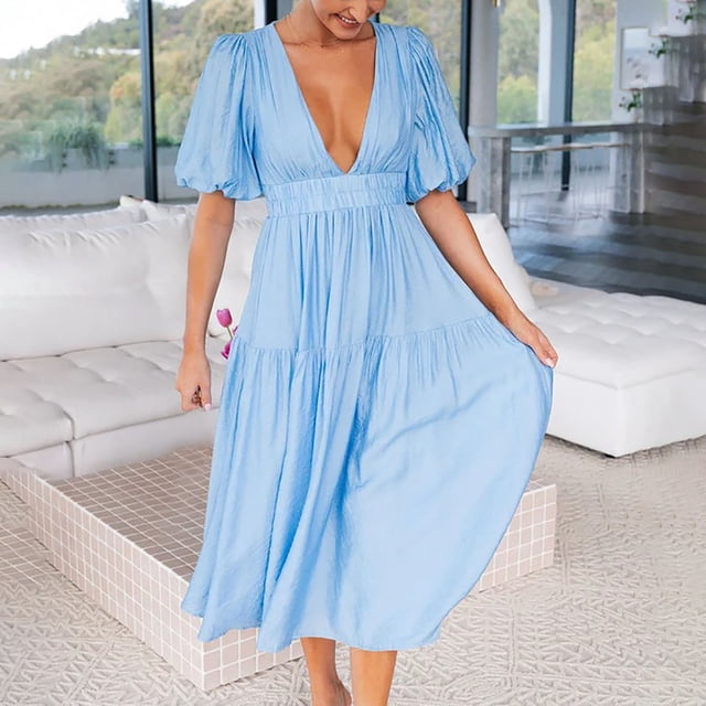 SMihono Robes d'Été Bohémiennes Femmes Grande Taille Mode Femmes Été Décontracté Col en V Bandage Manches Courtes Robe Imprimée Florale