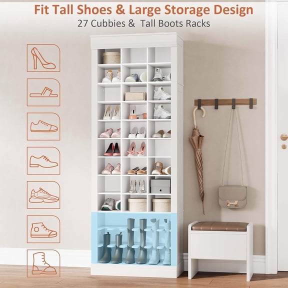 Tall Shoe Storage Cabinet, Entryway Organizer with 27 Compartments for 30 Pairs, Boot & Shoe Rack, White