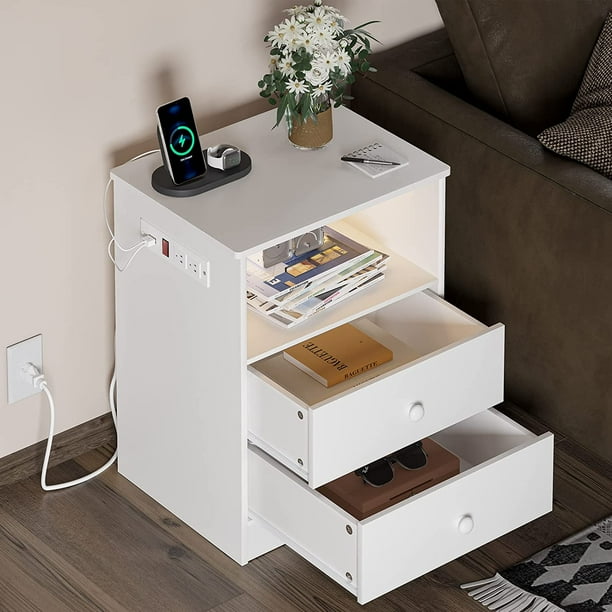White Nightstand with 2 Drawers & USB Ports & LED Lights for Bedroom