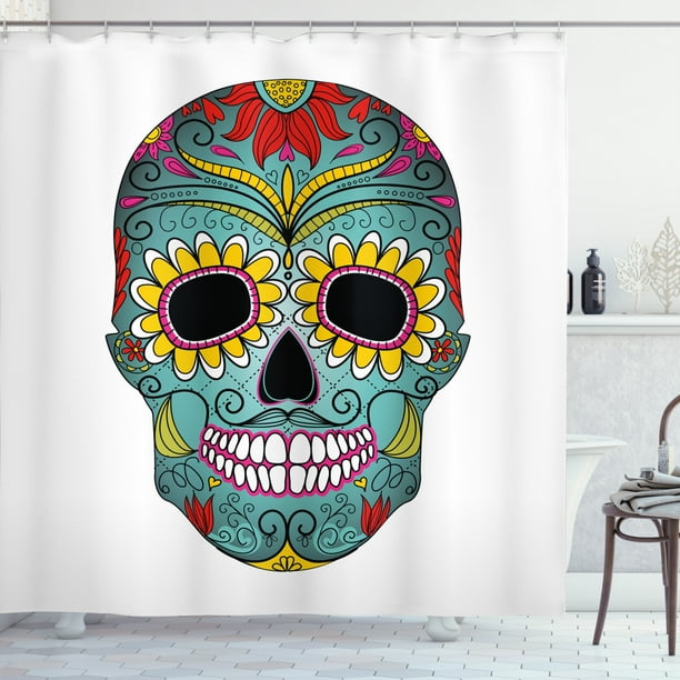 Sugar Skull Shower Curtain Folk Art Elements Featured Day Of The Dead Celebration Concept Print Fabric Bathroom Set With Hooks 69w X 75l Inches Long Multicolor By Ambesonne Com Sugar Skull Shower Curtain Folk Art, Sugar Skull Shower Curtain