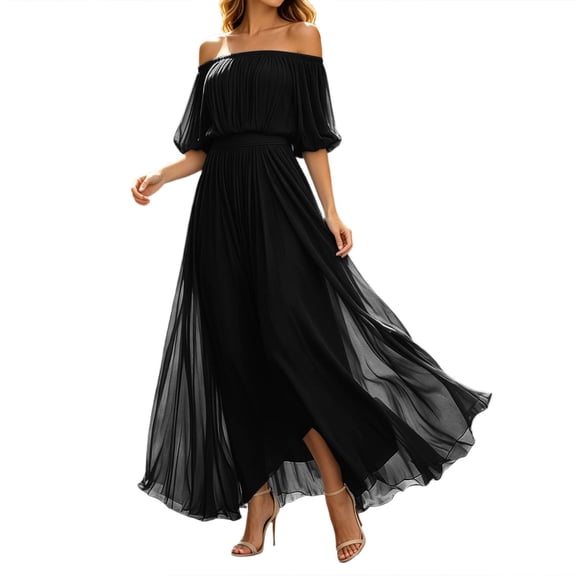 Puliio Off Shoulder Maxi Dresses for Women Puff Sleeve Chiffon Flowy formal Wedding Guest Evening Party Dress