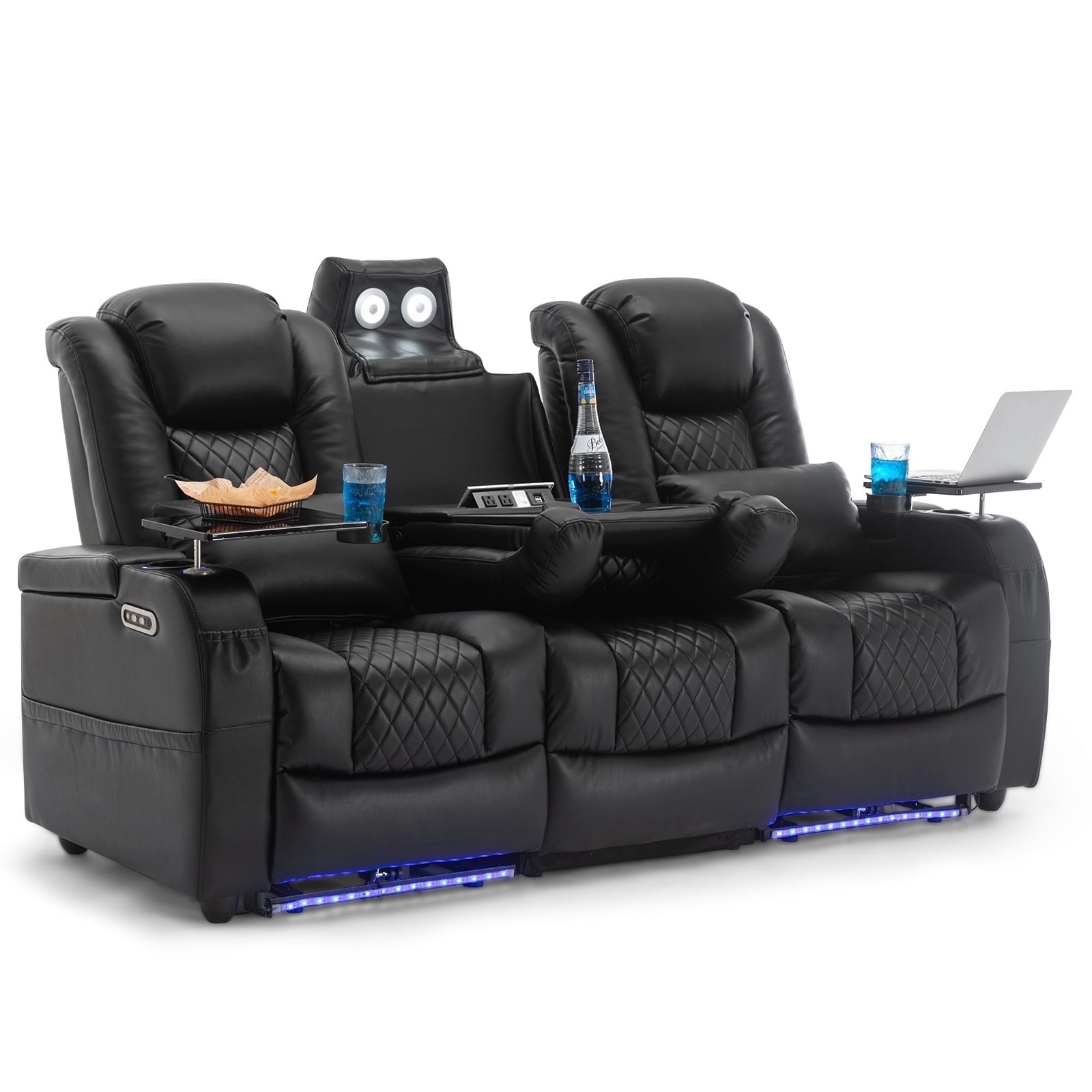 Home Theater Seating Seats, Movie Theater Chairs with 7 Colors Ambient Lighting, Reading Lights, Pillow, Black, Row of 3