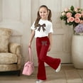 thumbnail image 2 of XUELUO Big Girls Outfit Sets 2-Piece Short Sleeve Leopard Bow Pattern Tops + Flared Pants Summer Spring Fashion Cute Clothes, 2 of 5