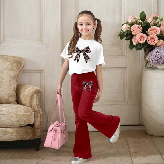 ZHOGXU Big Kids Girls Outfit Bow Printed Short Sleeve Round Neck Top And Flare Leg Pants Two Piece Comfortable Fashion Sets For Daily Wear Brick Red 9-10 Years