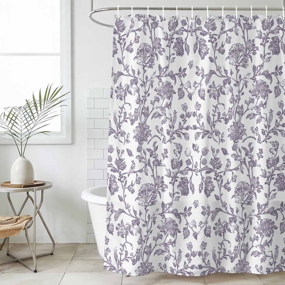 Grey-Purple Flower Shower Curtain Set, Waterproof Shower Curtains for Bathroom, Vintage Farmhouse Boho Leaf Spring Washable Fabric Cloth Bath Curtain for Bathtub Decoration with Hooks 72x78 Inches