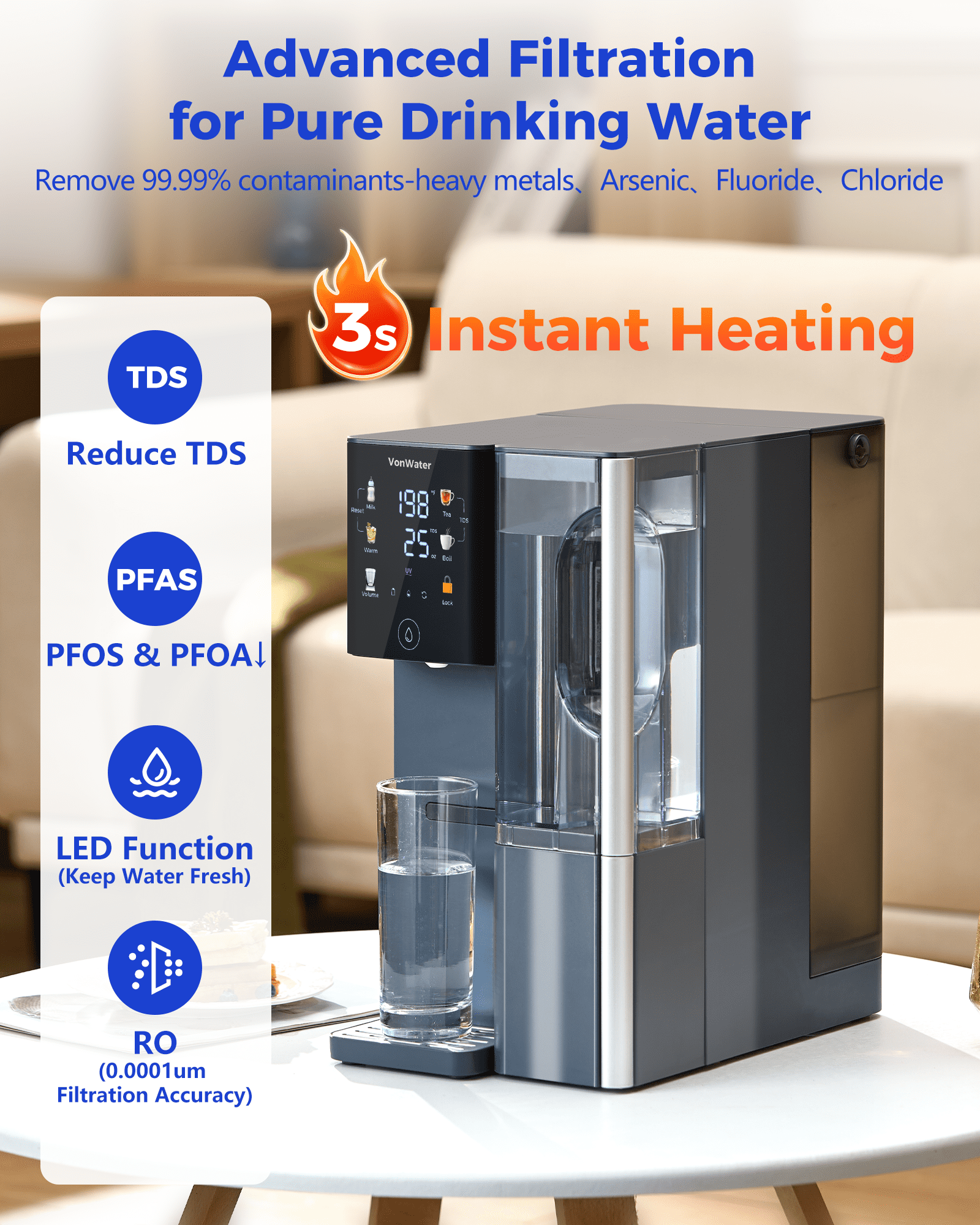 VonWater Instant Hot Reverse Osmosis Water Filter Countertop, 3S Instant Heating, 7-Stage Water Purifier With Removable Pitcher, NSF/ANSI 372, Reduce TDS PFAS, No Installation