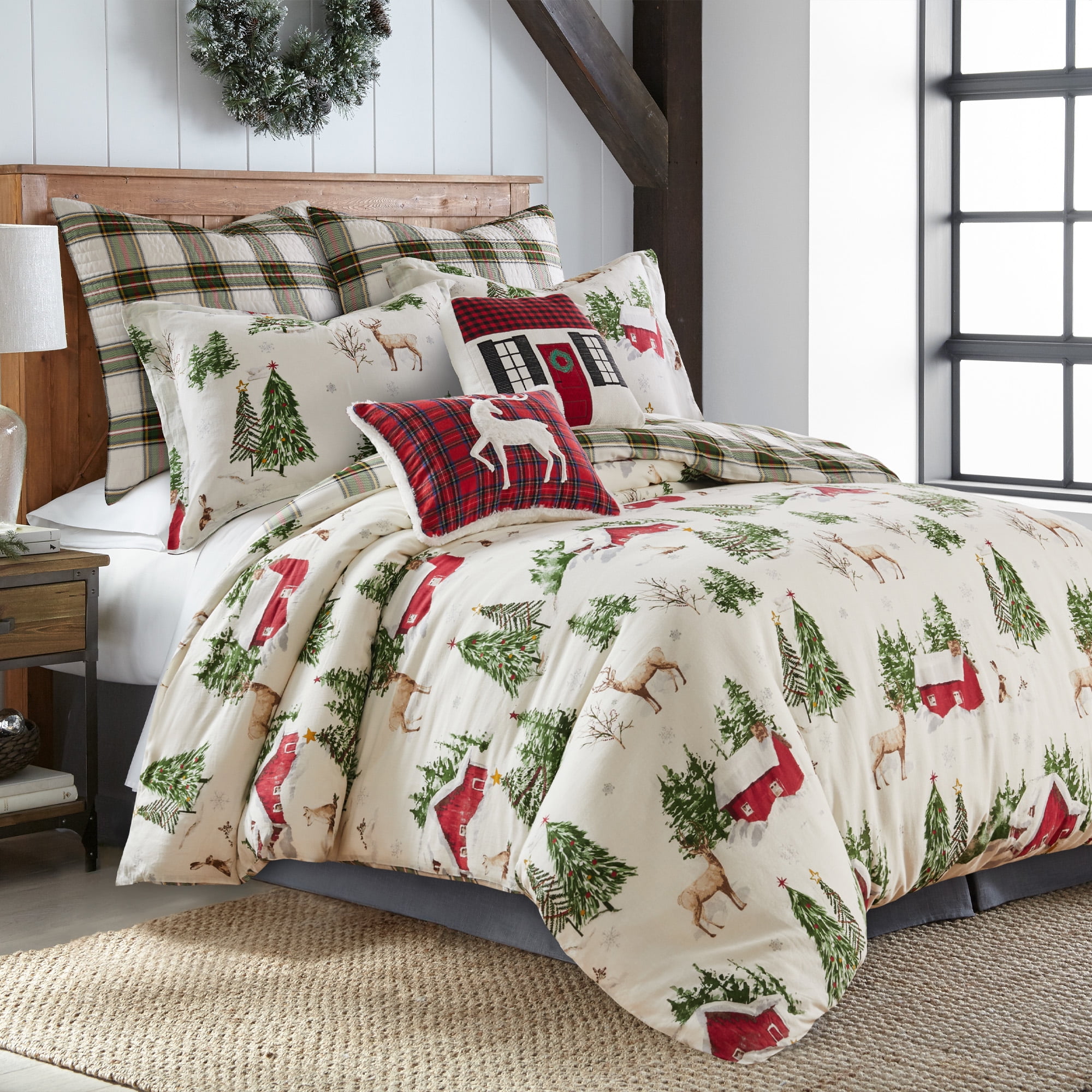 Levtex Home - Tatum Pines Comforter Set - Full/Queen Comforter + Two Standard Pillow Cases - Christmas Cabin - Red, Green, Brown, White - Comforter (90 x 94in.) and Pillow Case (26 x 20in.) - Cotton