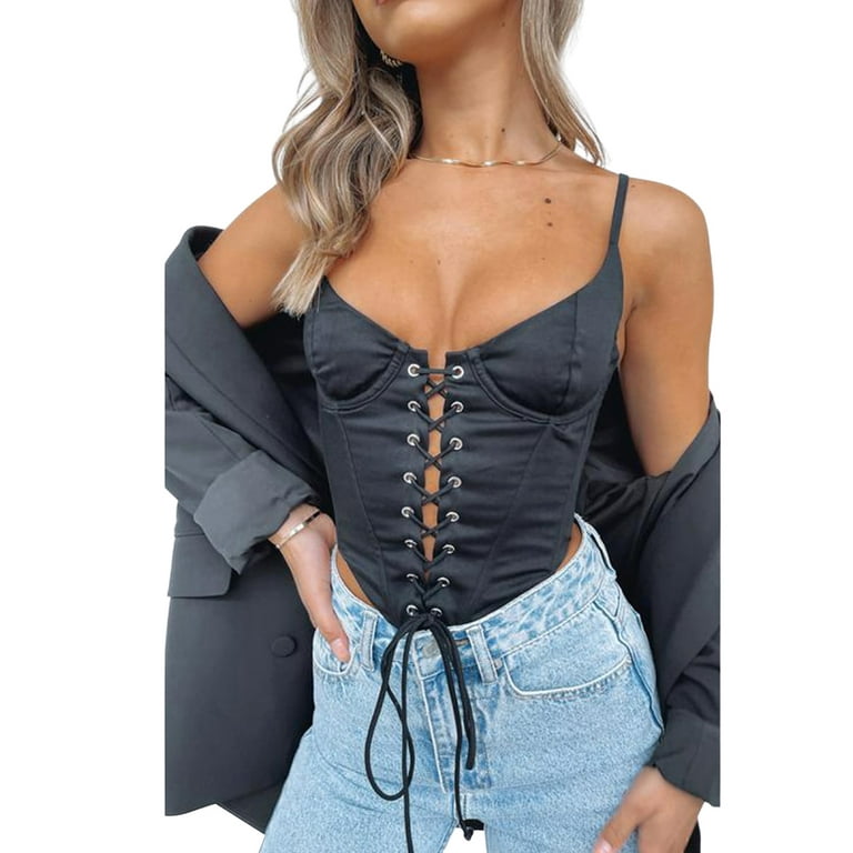 Women Corset Crop Top Vest Push Up Bustiers Lace Up Bandage Clothes  Aesthetic Camisole Clubwear 