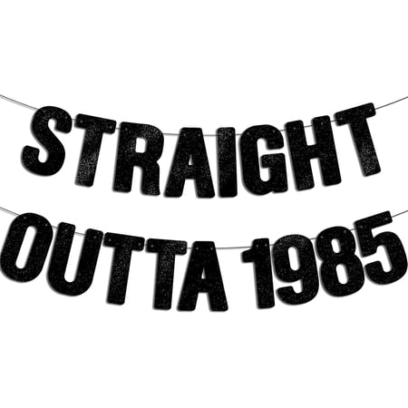 Pre-Strung STRAIGHT OUTTA 1985 - Black Glitter Banner, Happy 40th Birthday Party Decorations for Women & Men, Funny Forty Decor Bday Sign Gifts