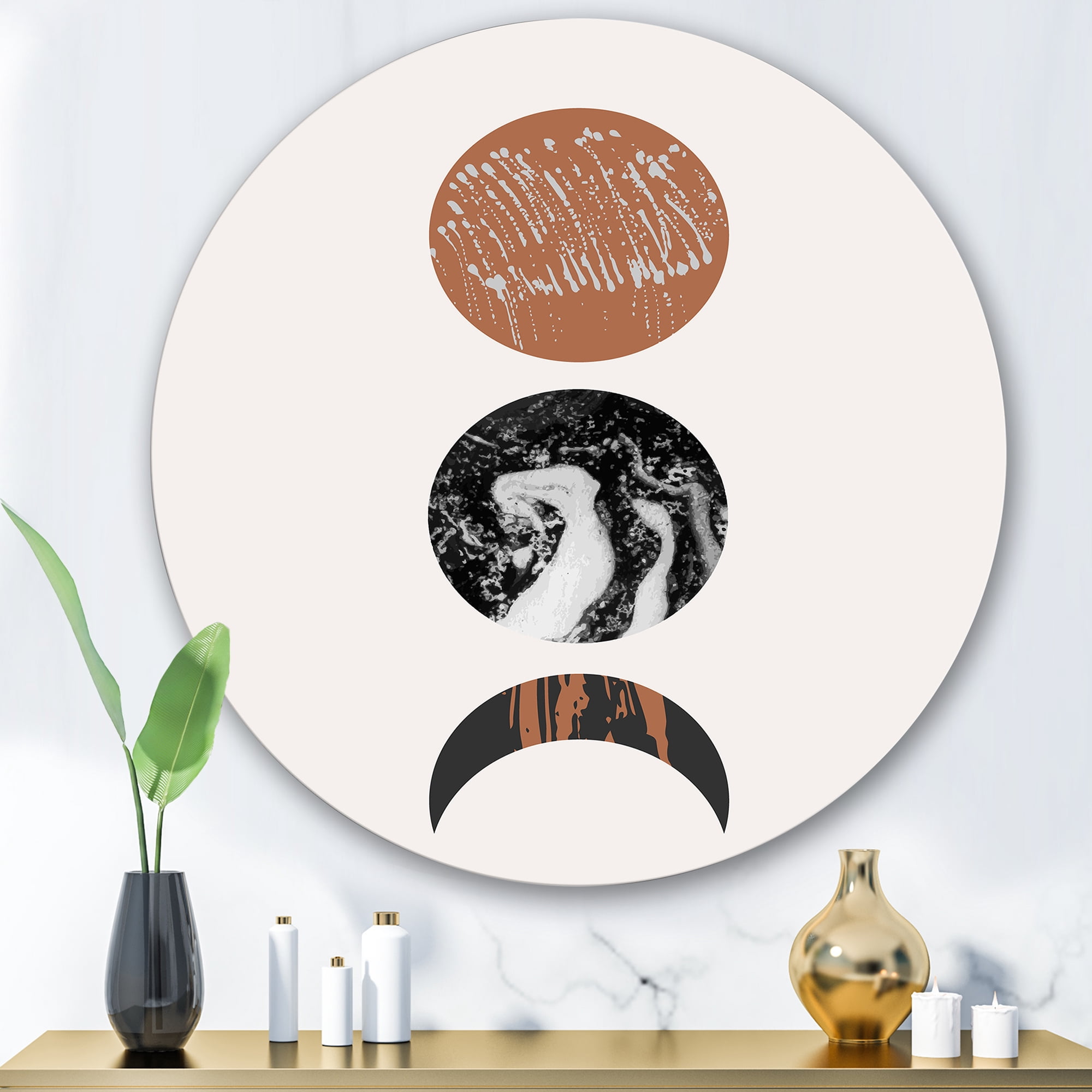Designart 'Retro Shapes Abstract Moons and Suns' Modern Circle Metal Wall Art 29x29 - Disc of 29
