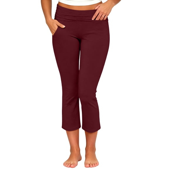 Ussuma Yogo Capris Pants for Women Flared Yoga Pants with Pockets High Waisted Flare Leggings Bell Bottom Bootcut Yoga Dress Pants Solid Color Tummy Control Seamless Workout Pants Sports Run L Wine