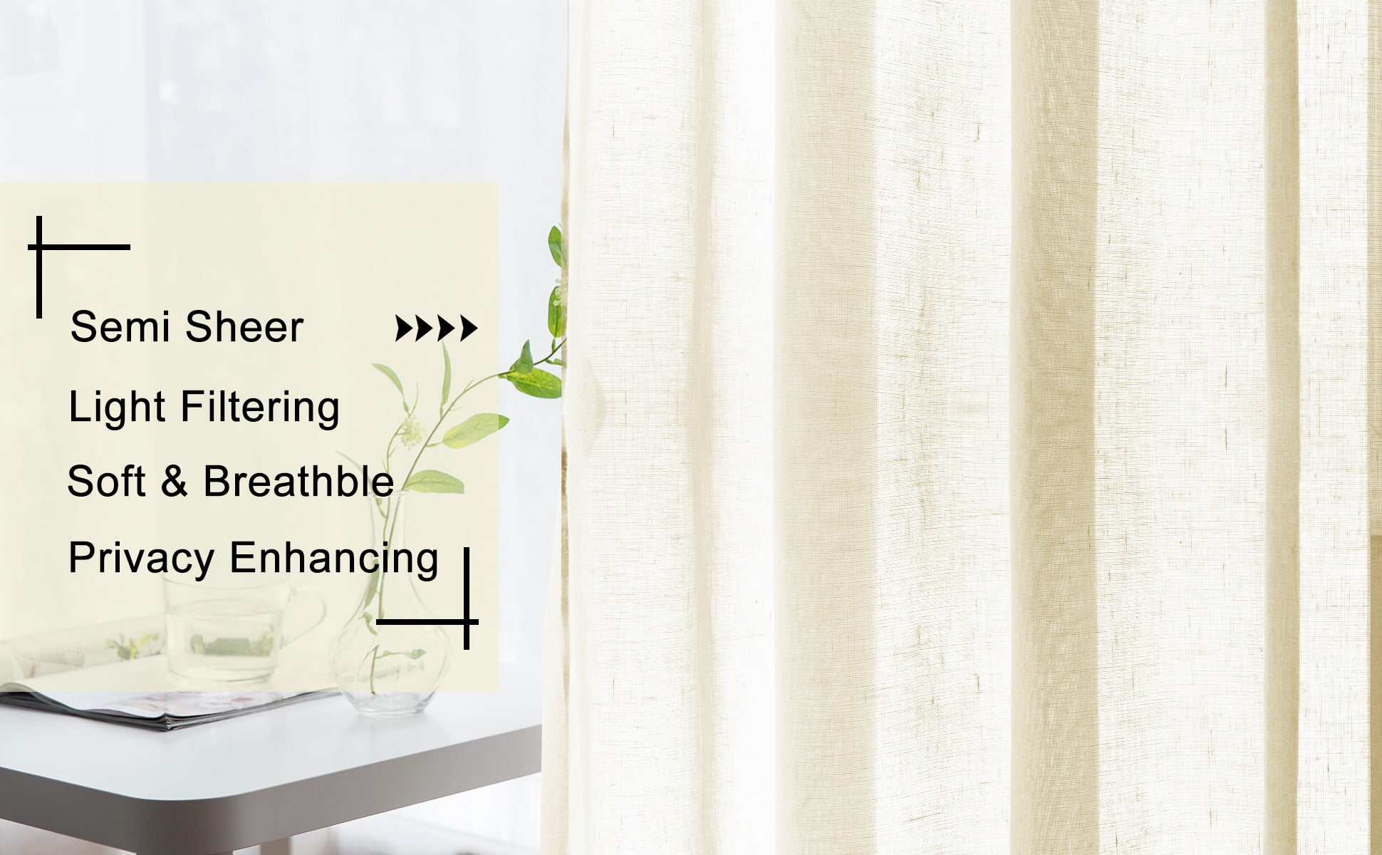 XWZO Semi Sheer Linen Curtains,Privacy Enhancing & Light Filtering Rod Pocket Drapes for Living Room with Tiebacks(Beige,W52 x L45 Inch,2 Panels)