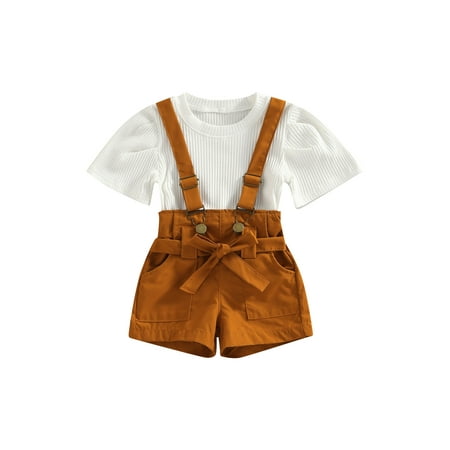 

Sunisery 2Pcs Kids Little Girls Summer Outfits Ribbed Short Sleeve Round Neck T-shirt + Bandage Suspender Shorts Yellow 4-5 Years