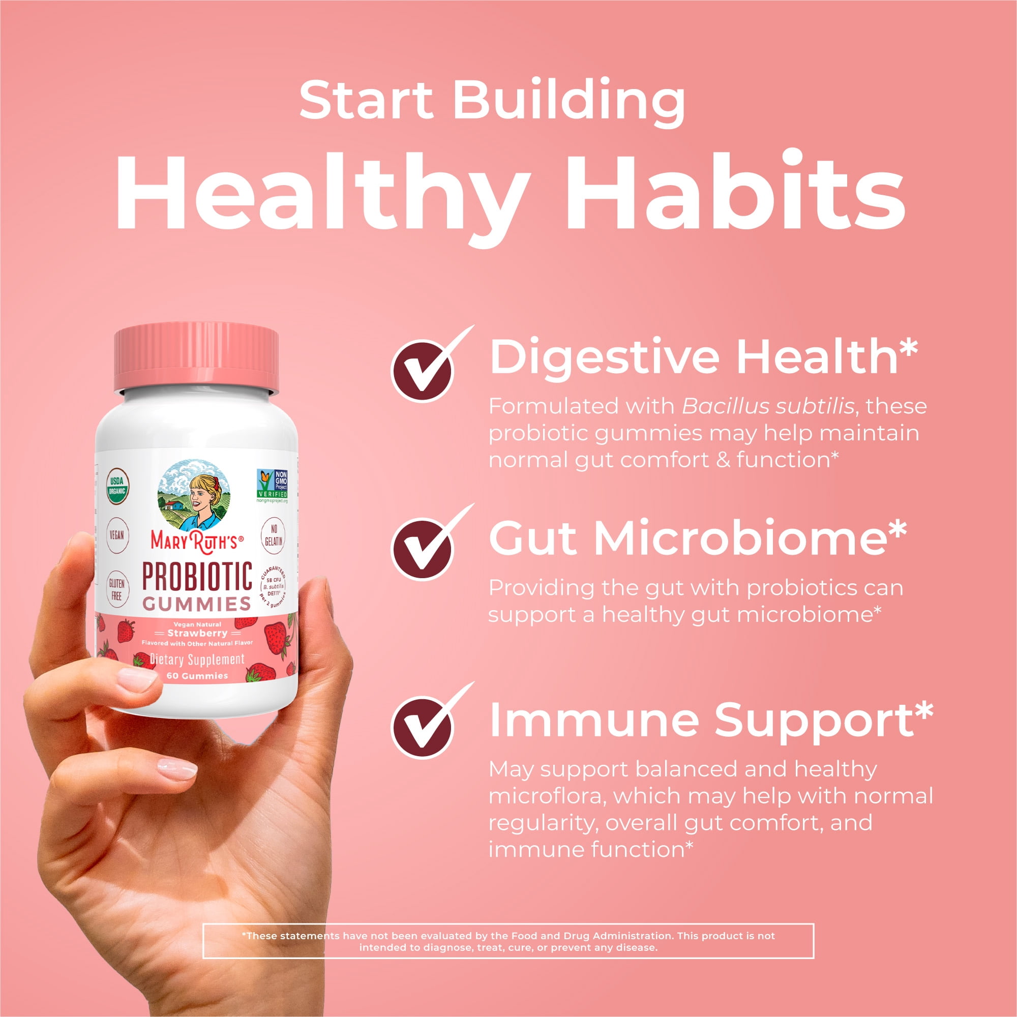 MaryRuth's Probiotic Gummies USDA Organic, 5 Billion CFU, Vegan, Gluten-Free, Dairy-Free for Digestive Health, 60 Count
