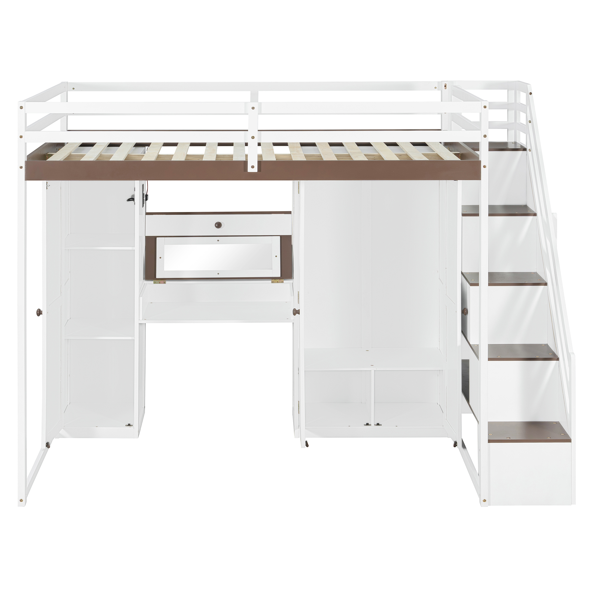 Mintazer Full Size Princess Loft Bed Built-in Dressing Table with Vanity Mirror, Wardrobe, Storage Staircase, Drawer, LED Lights & Charging Station for Girls, White & Brown