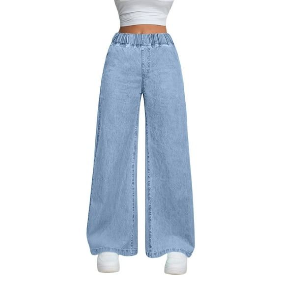 Xyxonk Jeans Women High Elastic Waisted Wide Leg Pant Spring Fashion Stretchy Trouser with Pockets 2025 Work Lounge Pants，Light Blue M