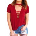 thumbnail image 1 of Women Choker Cutout Deep V Neck Short Sleeve Red Shirt, 1 of 3
