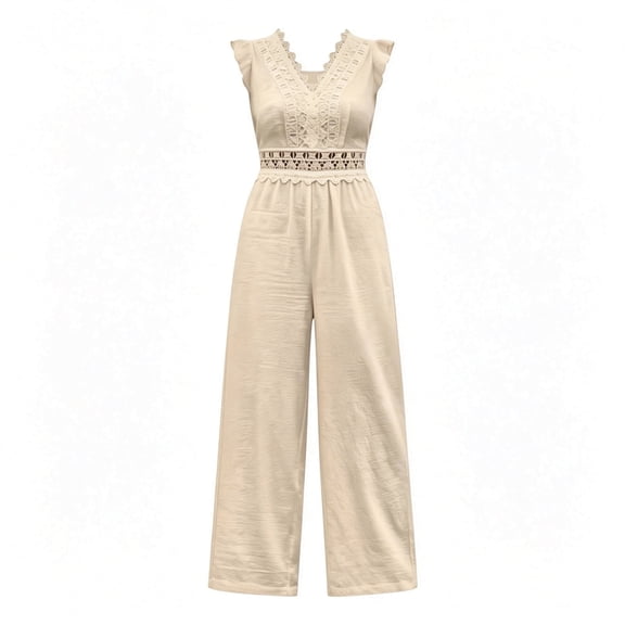 TEAJOPSUU Womens Jumpsuits Ruffle Sleeveless Lace Trim Wide Leg Jumpsuits Relaxed Fit Casual Romper for Vacation Beach Everyday Beige