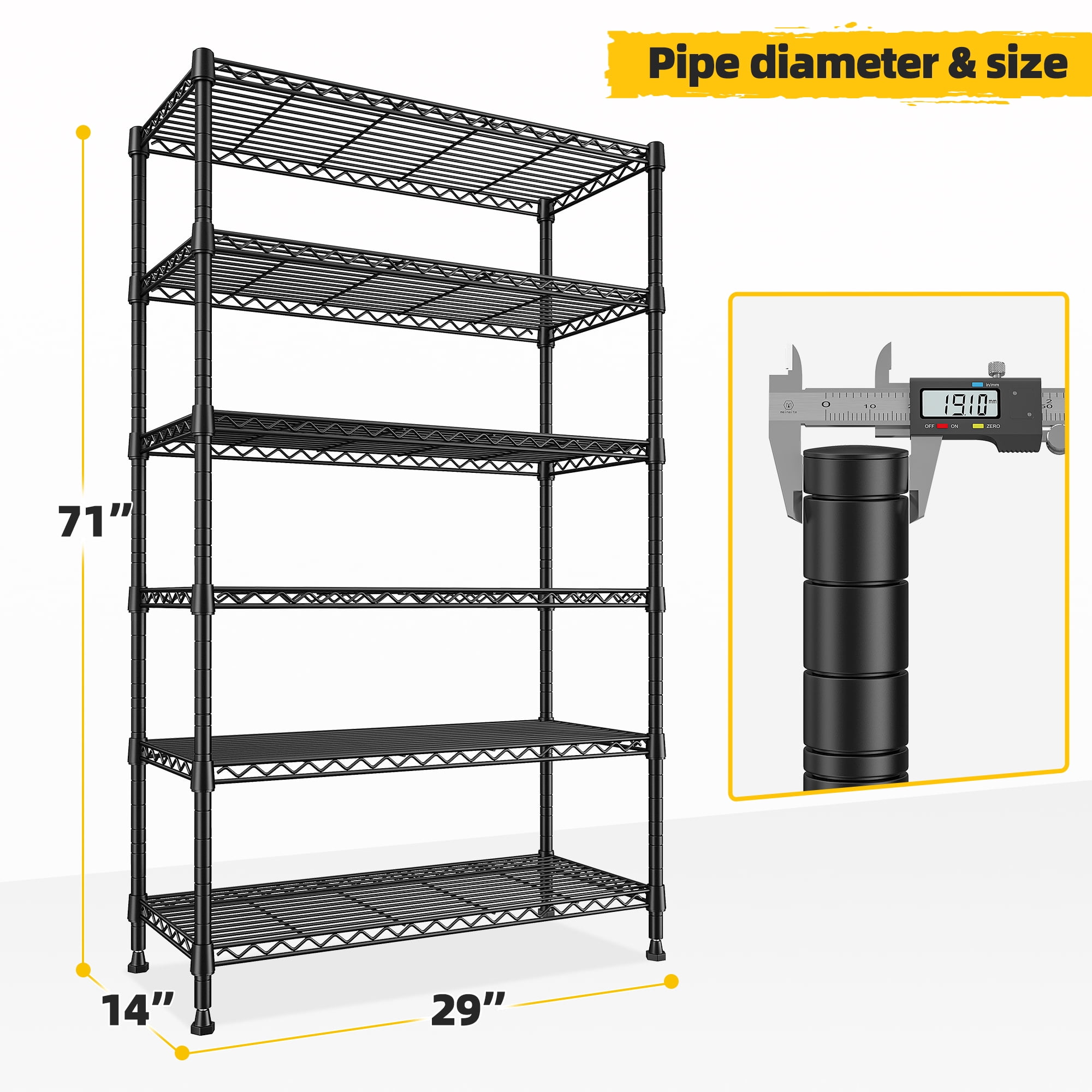 REIBII 6-Tier Wire Shelving Unit,1200 lbs Adjustable Metal Storage Rack for Kitchen Pantry Laundry,14"D x 29"W x 71"H,Space-Saving Shelves for Home Organization,Black