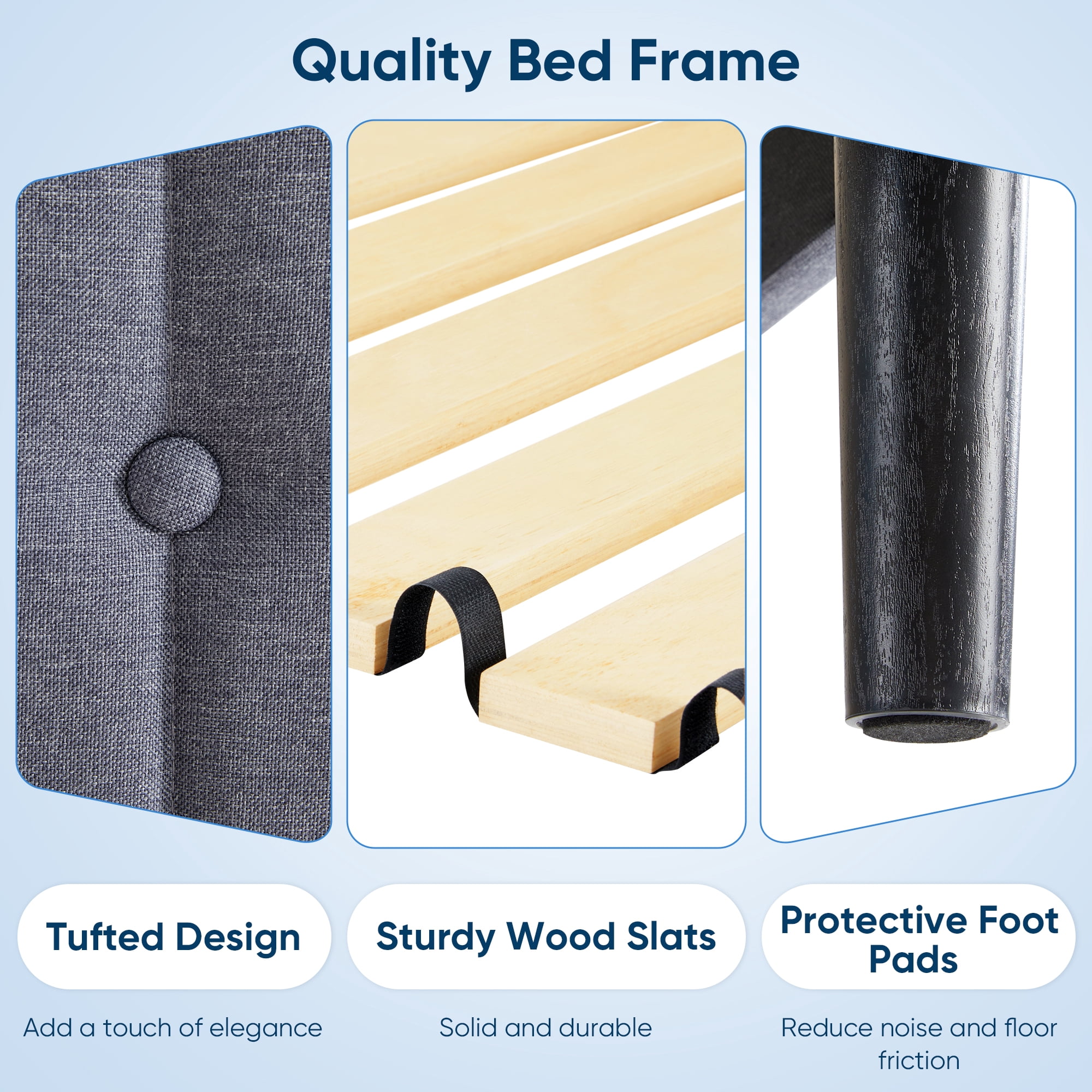 GIANNA Queen Size Platform Bed – Fabric Upholstered, Sturdy Wood Slats, No Box Spring Needed, Grey