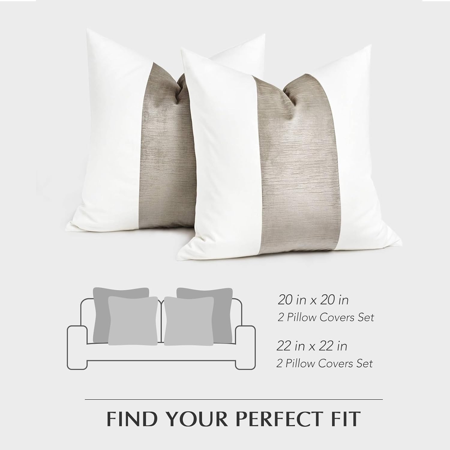 EVERGRACE Walsh Signature Velvet Panel Cotton Pillow Covers Set of 2, Decorative Pillow Covers 22"x22" for Couch, Square Cushion Cases for Sofa Bedroom Living Room, Sand Dune